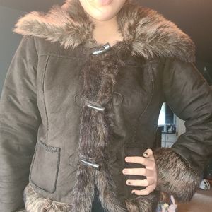 Faux fur trimmed winter coat.
